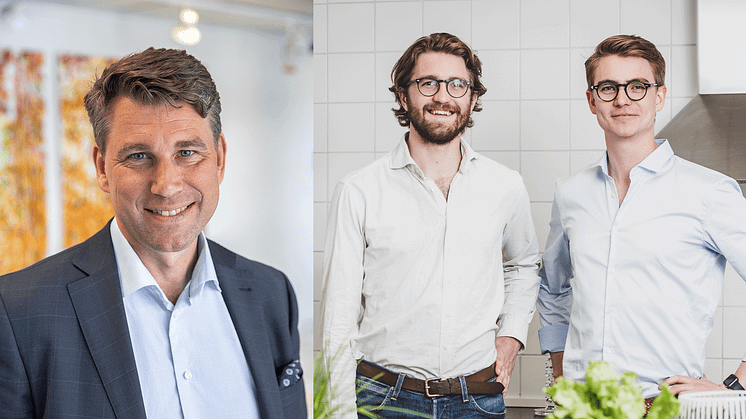 T.v Lars Ljungälv, vd Bergendahls & Son, t.h Joel Falck och Anton Malmberg grundare av KitchenTime.