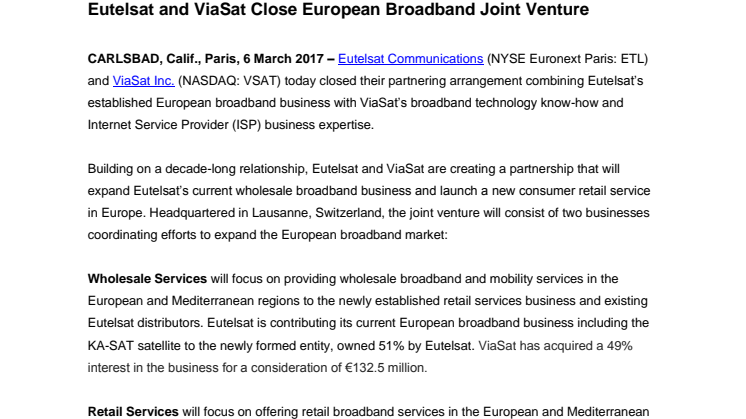 Eutelsat and ViaSat Close European Broadband Joint Venture