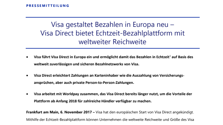Visa gestaltet Bezahlen in Europa neu –  Visa Direct bietet Echtzeit-Bezahlplattform mit weltweiter Reichweite