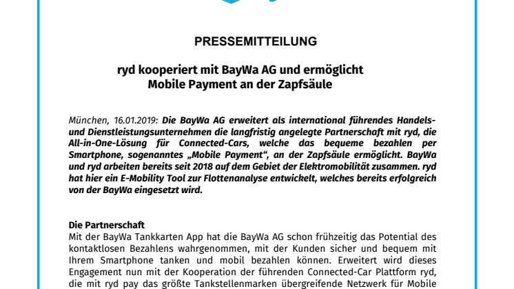ryd kooperiert mit BayWa AG und ermöglicht Mobile Payment an der Zapfsäule