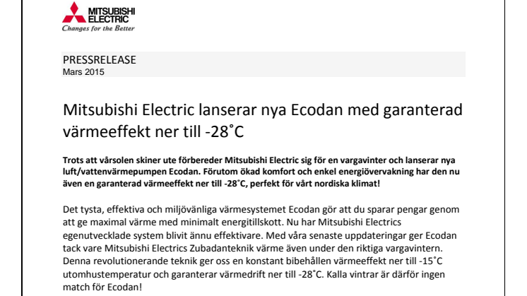 Mitsubishi Electric lanserar nya Ecodan med garanterad värmeeffekt ner till -28˚C