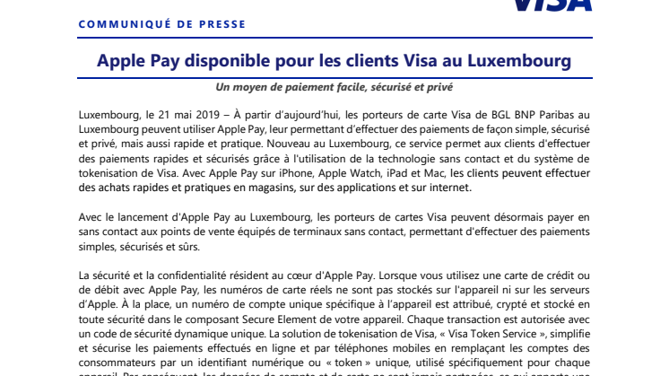 Apple Pay disponible pour les clients Visa au Luxembourg