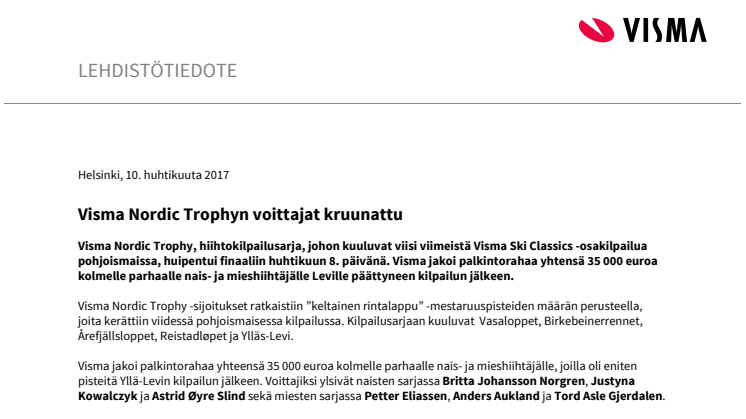Visma Nordic Trophyn voittajat kruunattu