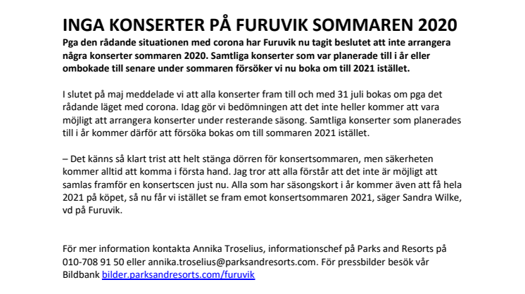 Inga konserter på Furuvik sommaren 2020