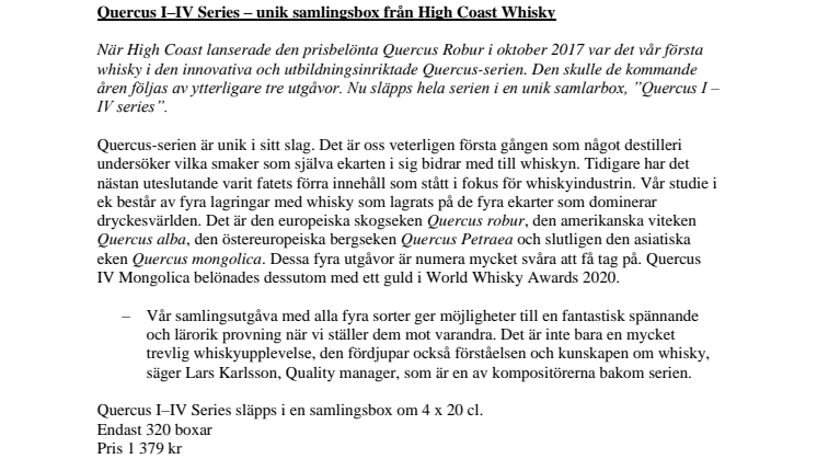 Quercus I–IV Series – unik samlingsbox från High Coast Whisky