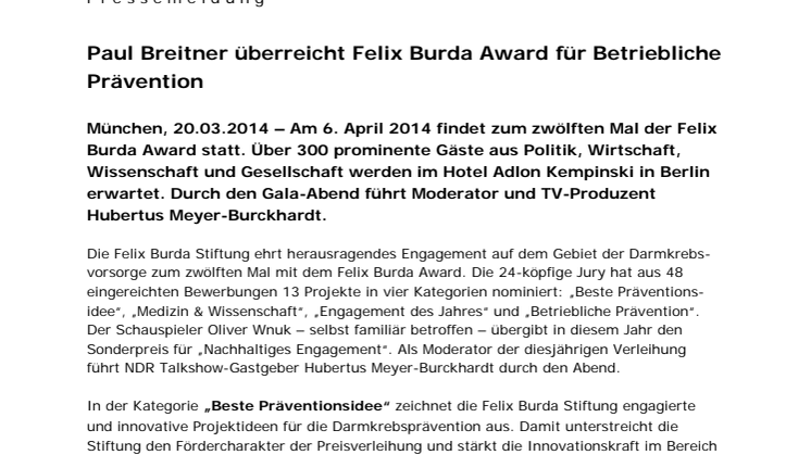Paul Breitner überreicht Felix Burda Award für Betriebliche Prävention