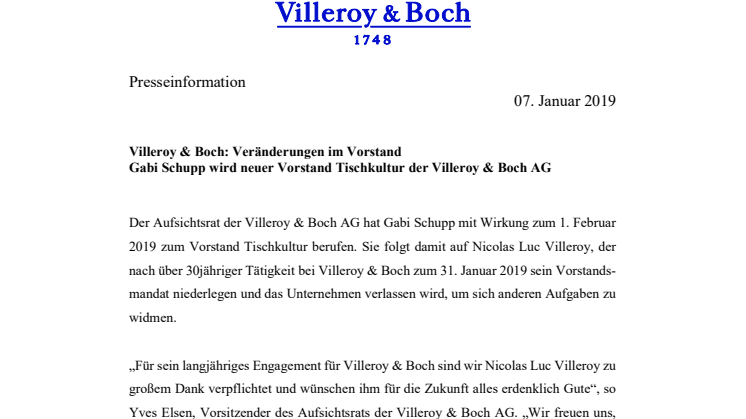 Veränderungen im Vorstand: Gabi Schupp wird neuer Vorstand Tischkultur der Villeroy & Boch AG