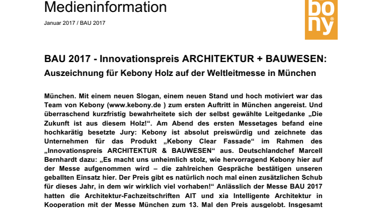 BAU 2017: Kebony wird im Rahmen des Innovationspreises ARCHITEKTUR + BAUWESEN ausgezeichnet 