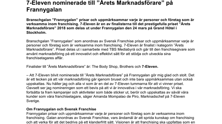 7-Eleven nominerade till ”Årets Marknadsförare” på Frannygalan