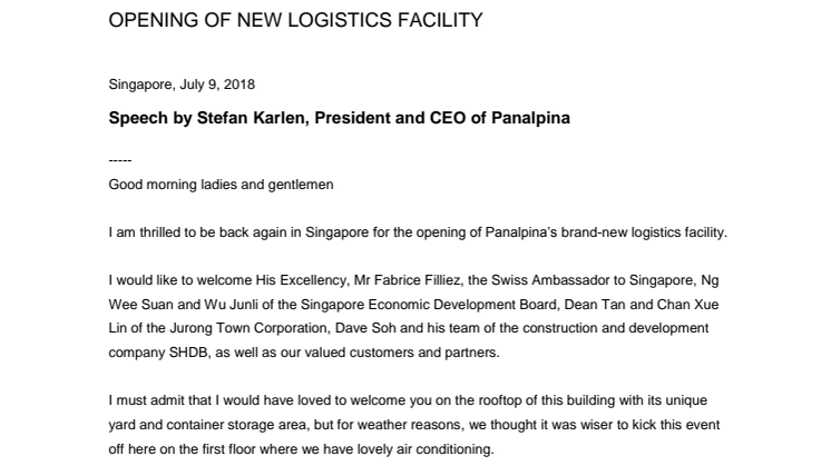Panalpina opens new logistics center in Singapore
