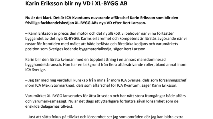 Karin Eriksson blir ny VD i XL-BYGG AB