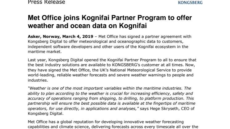 Met Office joins Kognifai Partner Program to offer weather and ocean data on Kognifai 