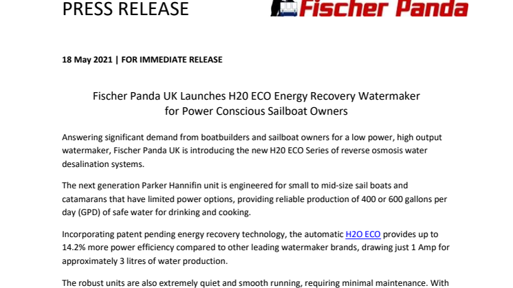 Fischer Panda UK Launches H20 ECO Watermaker