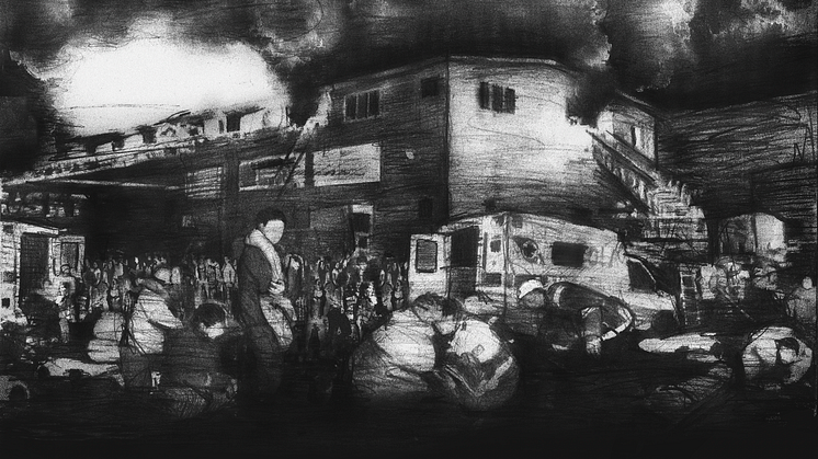Stillbild ur filmen om diskoteksbranden. Illustration av Mikel Nilsson.