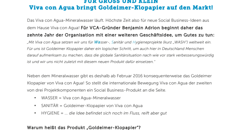 FÜR GROSS UND KLEIN  Viva con Agua bringt Goldeimer-Klopapier auf den Markt!