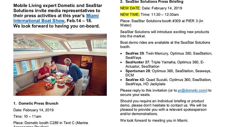Dometic: Invitation to Dometic Press Brunch (Booth C289) and SeaStar Solutions Press Briefing (Booth 309) at Miami International Boat Show