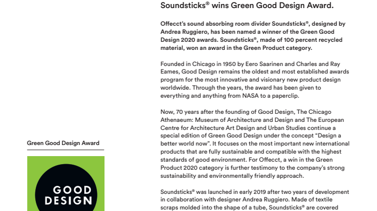 Offecct Press release Green Good Design Award 2020 Soundsticks® by Andrea Ruggiero_EN