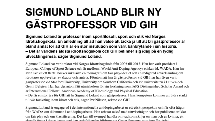 Sigmund Loland ny gästprofessor vid GIH