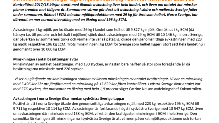 Sommarens värme ger lägre mjölkavkastning i ECM för kontrollår 2017/18 
