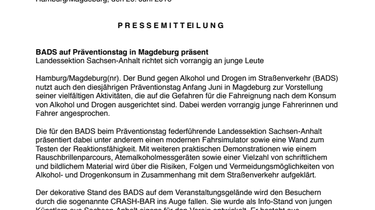  BADS auf Präventionstag in Magdeburg präsent