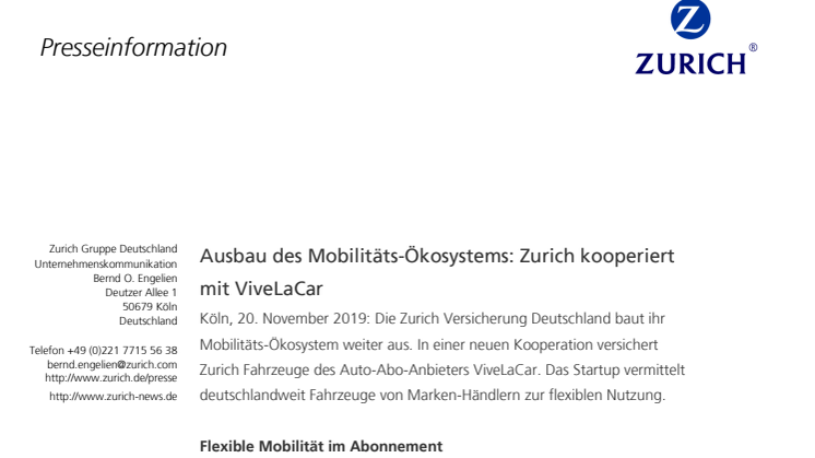 Ausbau des Mobilitäts-Ökosystems: Zurich kooperiert mit ViveLaCar 