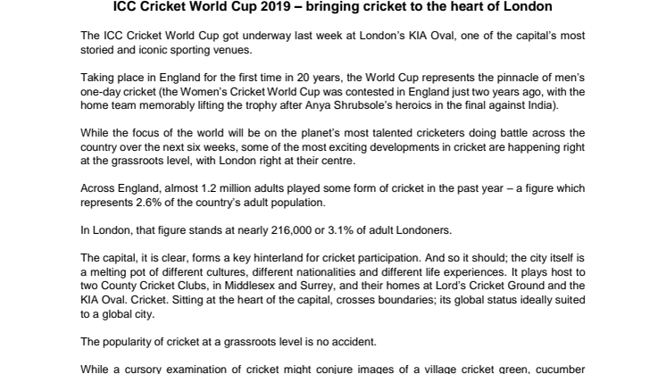 ICC Cricket World Cup 2019 - bringing cricket to the heart of London