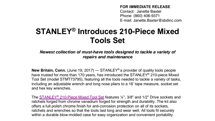 STANLEY® Introduces 210-Piece Mixed Tools Set 
