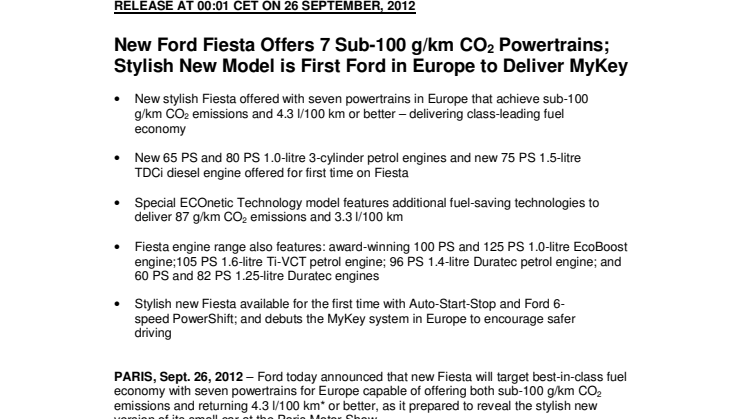New Ford Fiesta Offers 7 Sub-100 g/km CO2 Powertrains; Stylish New Model is First Ford in Europe to Deliver MyKey