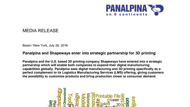Panalpina and Shapeways enter into strategic partnership for 3D printing