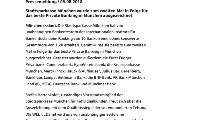 Stadtsparkasse München wurde zum zweiten Mal in Folge für das beste Private Banking in München ausgezeichnet