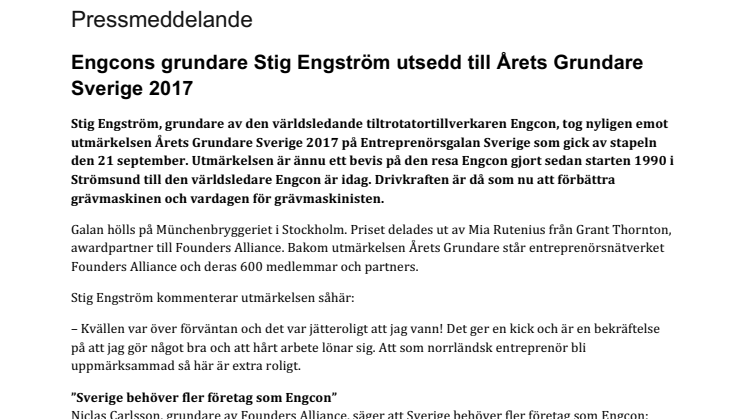 Engcons grundare Stig Engström utsedd till Årets Grundare Sverige 2017