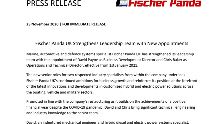 Fischer Panda UK Strengthens Leadership Team with New Appointments
