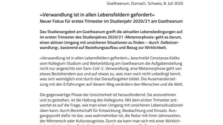 «Verwandlung ist in allen Lebensfeldern gefordert»: Neuer Fokus für erstes Trimester im Studienjahr 2020/21 am Goetheanum