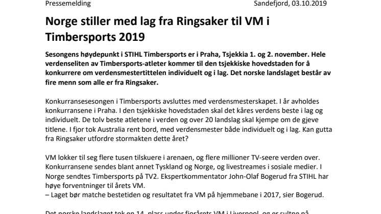 Norge stiller med lag fra Ringsaker til VM i Timbersports 2019