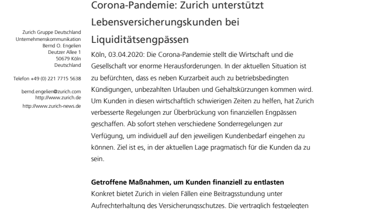 Corona-Pandemie: Zurich unterstützt Lebensversicherungskunden bei Liquiditätsengpässen 