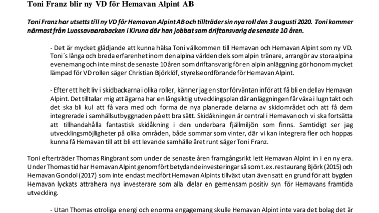 Toni Franz blir ny VD för Hemavan Alpint AB