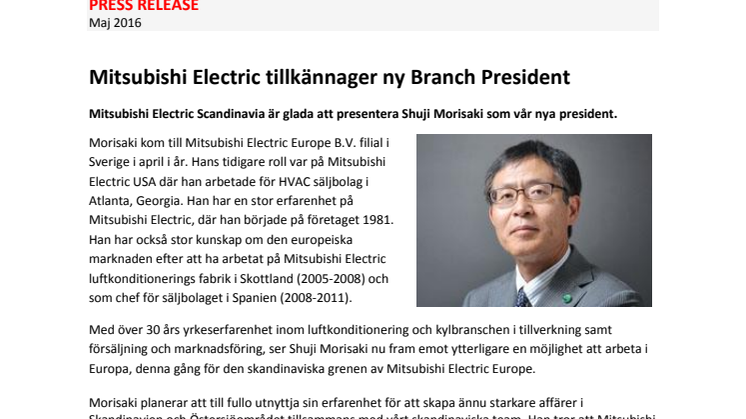 Mitsubishi Electric tillkännager ny Branch President