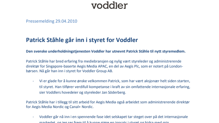 Patrick Ståhle går inn i styret for Voddler