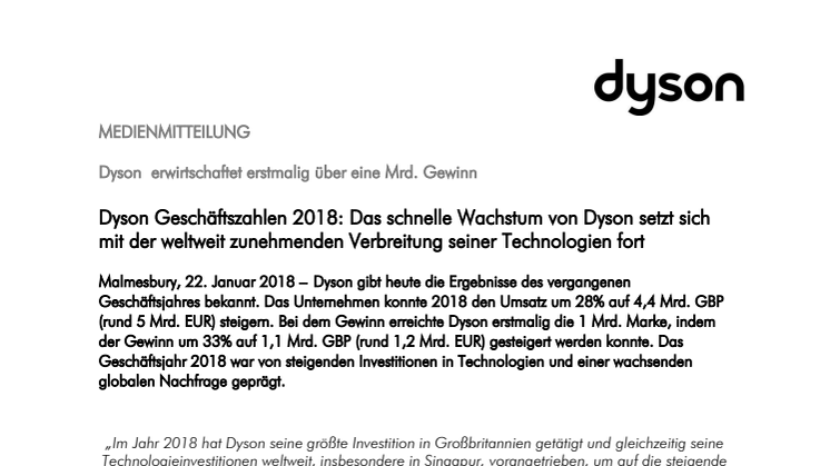 Dyson Geschäftszahlen 2018: Das schnelle Wachstum von Dyson setzt sich mit der weltweit zunehmenden Verbreitung seiner Technologien fort