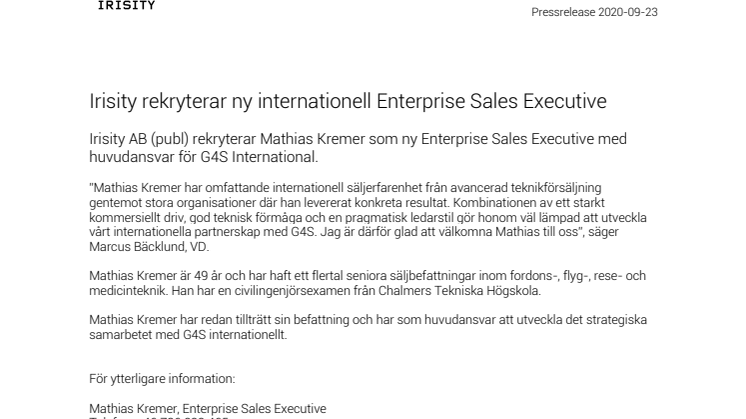 Irisity rekryterar ny internationell Enterprise Sales Executive