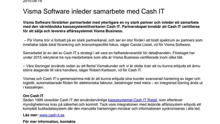 Visma Software inleder samarbete med Cash IT