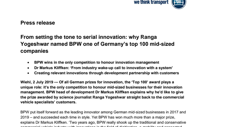 From setting the tone to serial innovation: why Ranga Yogeshwar named BPW one of Germany’s top 100 mid-sized companies