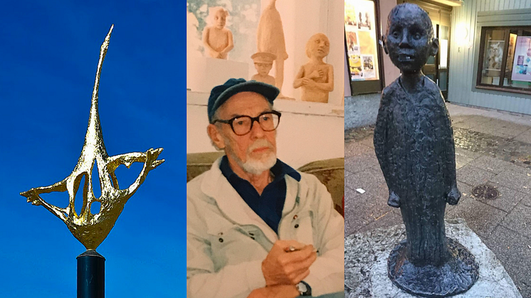 "Fantasifågel" i Tranås och "Namnlös figur" utanför Lindesbergs stadsbibliotek - två skulpturer av Allan Runefelt.