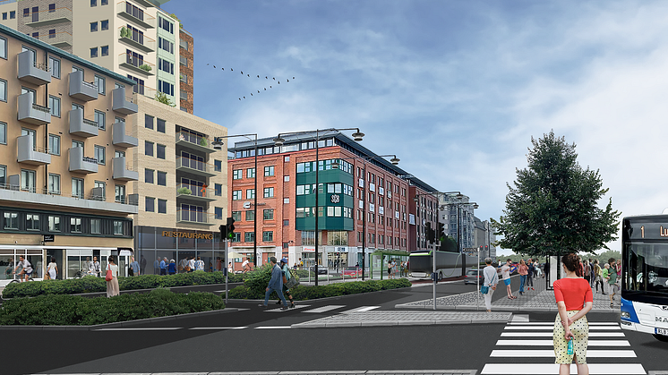 Illustration över hur Östra Bangatan kommer se ut när arbetet med att anpassa gatan för Citylinjen är färdigt. Bild: Örebro kommun