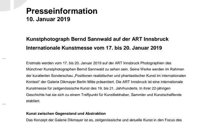 Kunstphotograph Bernd Sannwald auf der ART Innsbruck vom 17. bis 20. Januar 2019