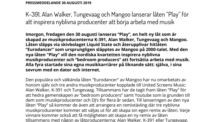 K-391, Alan Walker, Tungevaag och Mangoo lanserar låten “Play” för att inspirera nyblivna producenter att börja arbeta med musik