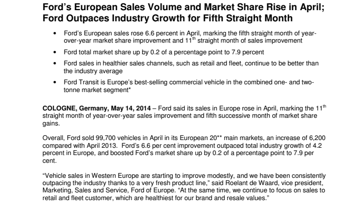 FORD’S EUROPEAN SALES VOLUME AND MARKET SHARE RISE IN APRIL
