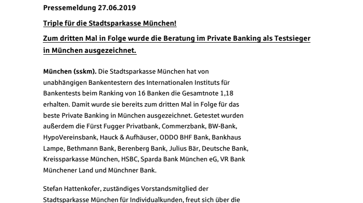 Triple für die Stadtsparkasse München! Zum dritten Mal Testsieger im Private Banking.