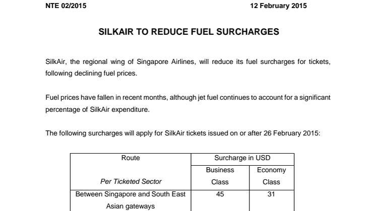 SilkAir to Reduce Fuel Surcharges 
