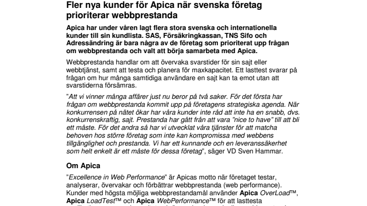 Fler nya kunder för Apica när svenska företag prioriterar webbprestanda